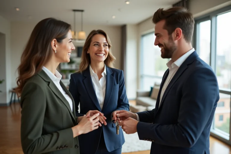 Agent immobilier femme remet les clés à un jeune couple
