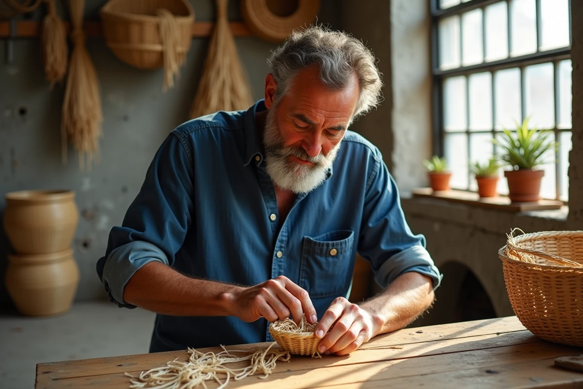 Artisan tressant un panier en raphia naturel dans un atelier chaleureux, savoir-faire artisanal et décoration éthique