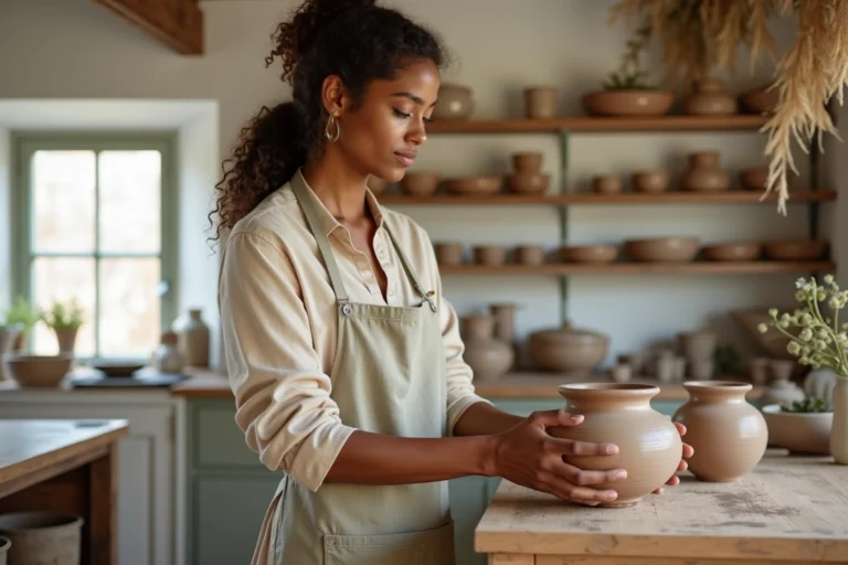 Artisane plaçant une poterie céramique faite main sur une étagère en chêne dans un atelier artisanal authentique