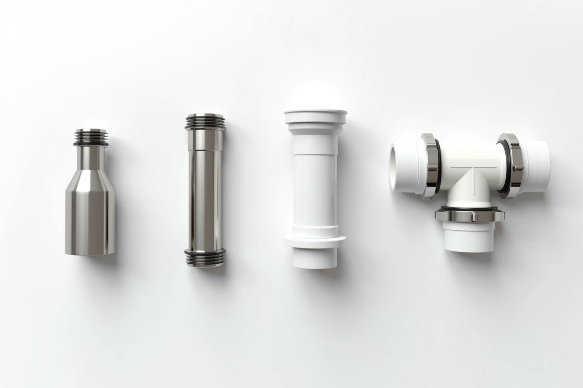 Assortiment de cinq types de siphons de plomberie en chrome, PVC blanc et nickel brossé pour comparaison