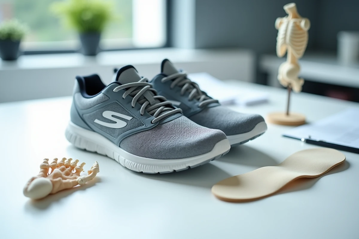 Chaussures Skechers avec semelle orthopédique et modèle anatomique du pied sur une table de podologie