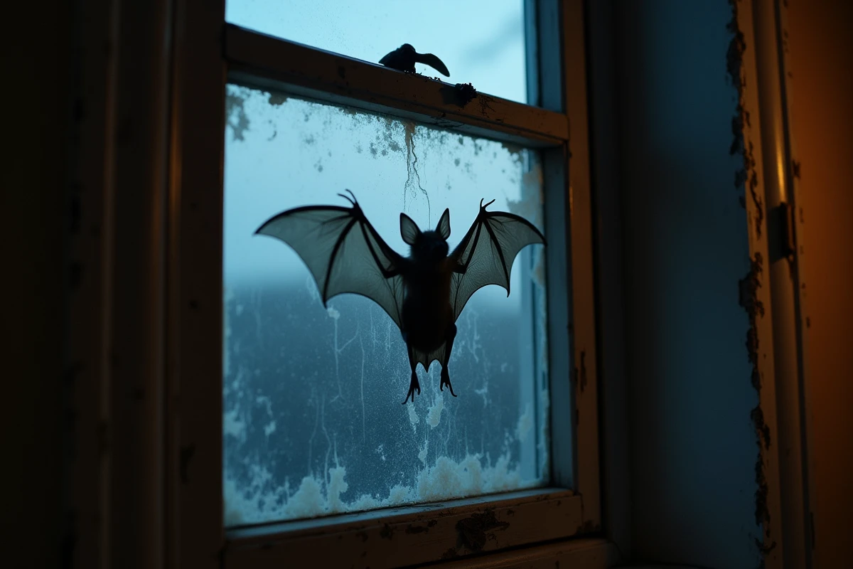 Silhouette de chauve-souris sur une fenêtre ancienne au crépuscule, évoquant le symbolisme mystique de sa présence dans la maison