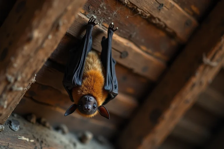 Chauve-souris brune accrochée à une poutre en bois dans un grenier de ferme ancienne, symbolisant la présence mystique dans la maison