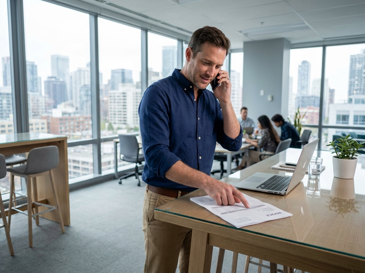 Consultant indépendant en portage salarial gérant sa facturation dans un bureau moderne avec vue sur la ville