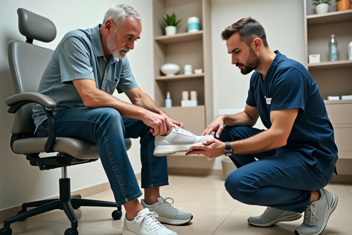 Consultation podologique avec un patient portant des chaussures Skechers lors d'un examen du pied
