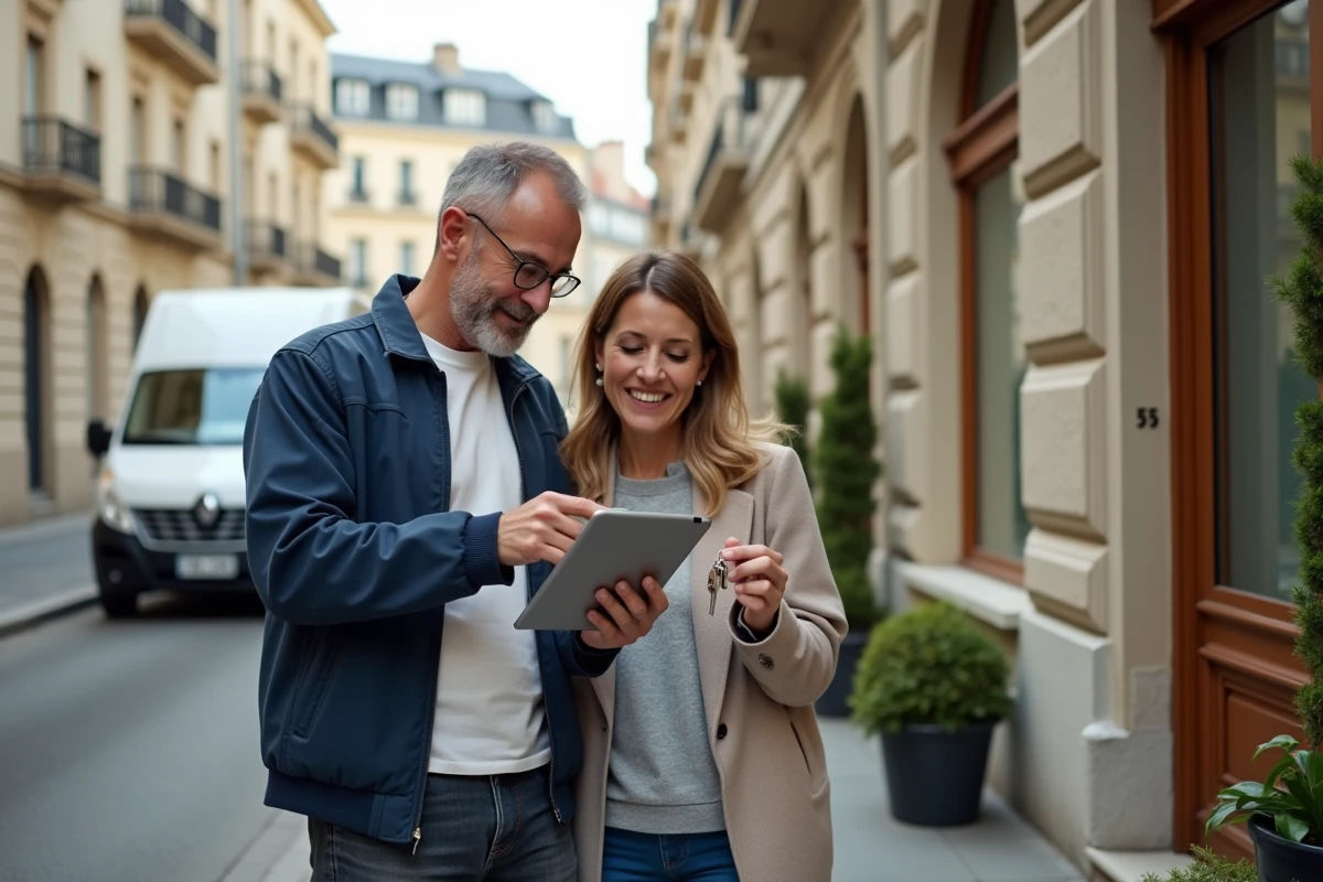 Couple consultant une checklist de déménagement devant leur nouvel appartement avec l'aide de la Maaf