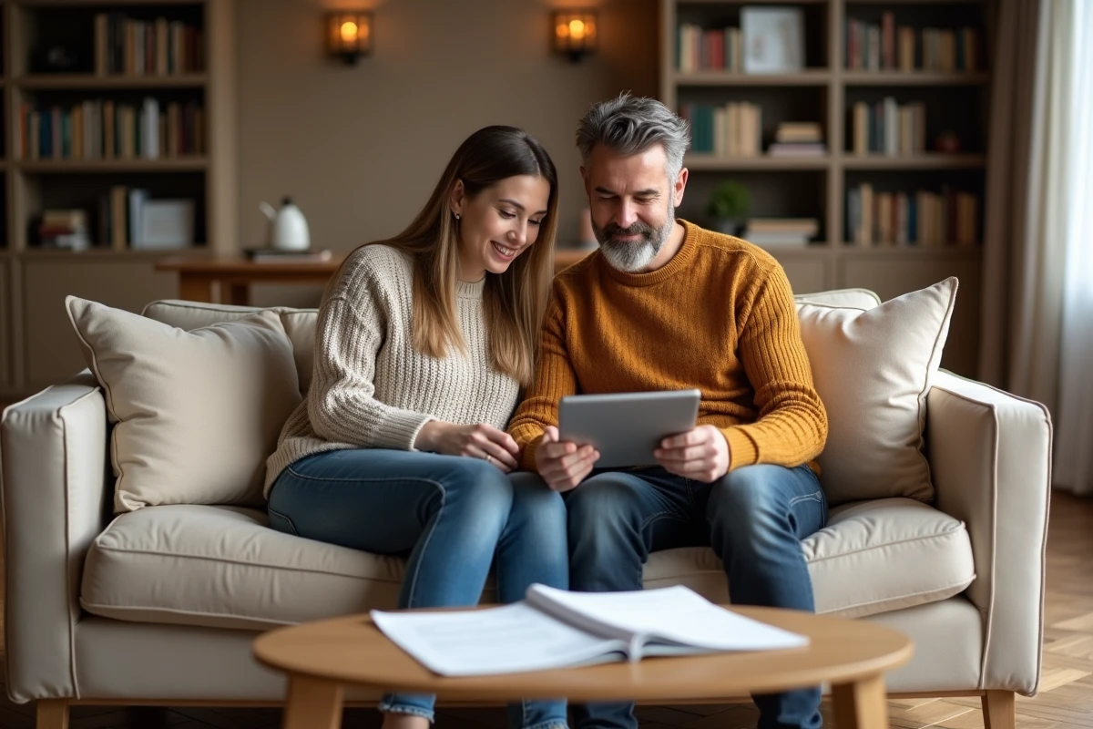 Couple consultant ensemble leurs documents immobiliers myFoncia sur une tablette dans leur salon