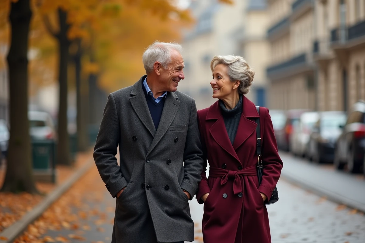 Couple élégant se promenant main dans la main sur un boulevard parisien en automne parmi les feuilles dorées