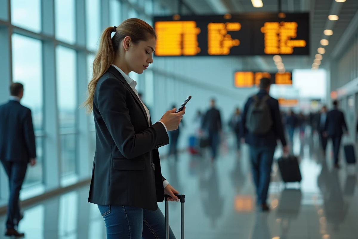 Femme consultant son téléphone avec une notification de crédit impayé dans un aéroport avant un départ international
