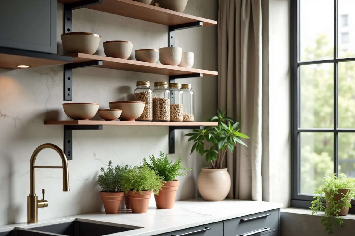 Cuisine moderne décorée avec étagères ouvertes en céramique artisanale, plantes aromatiques en pot et crédence en marbre sur fond de mur en béton
