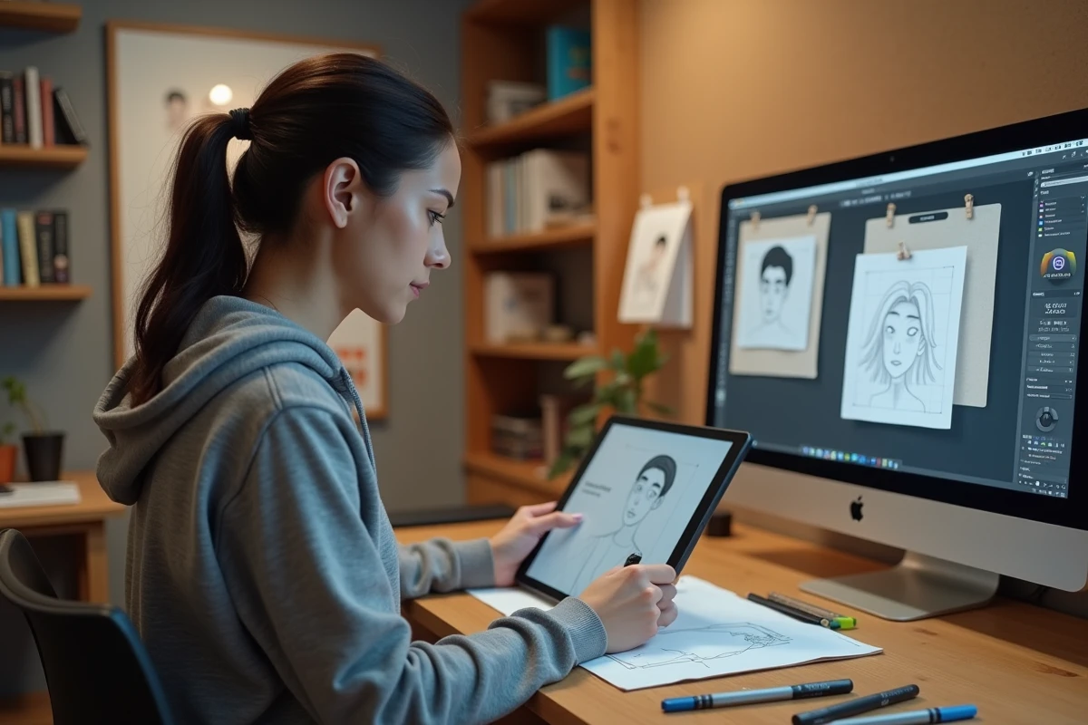 Designer graphique étudiant les fiches techniques de proportions d'un personnage animé dans un studio de création