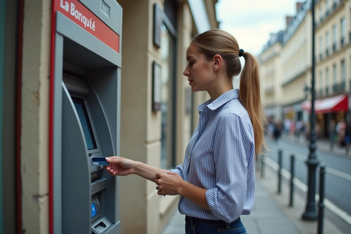 Femme utilisant un distributeur automatique de la Banque Postale pour gérer le plafond de sa carte