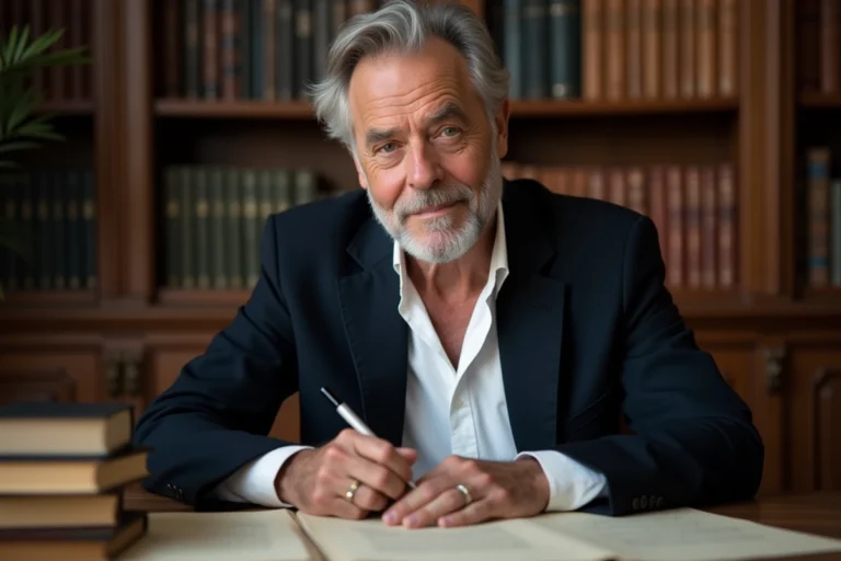 Écrivain distingué aux cheveux grisonnants assis à son bureau dans une bibliothèque privée remplie de livres