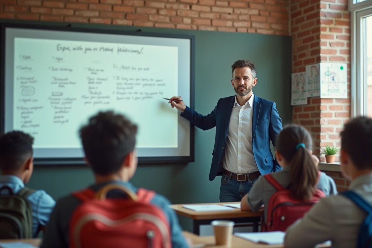 Enseignant masculin devant un tableau numérique interactif dans une salle de classe moderne, éducation contemporaine