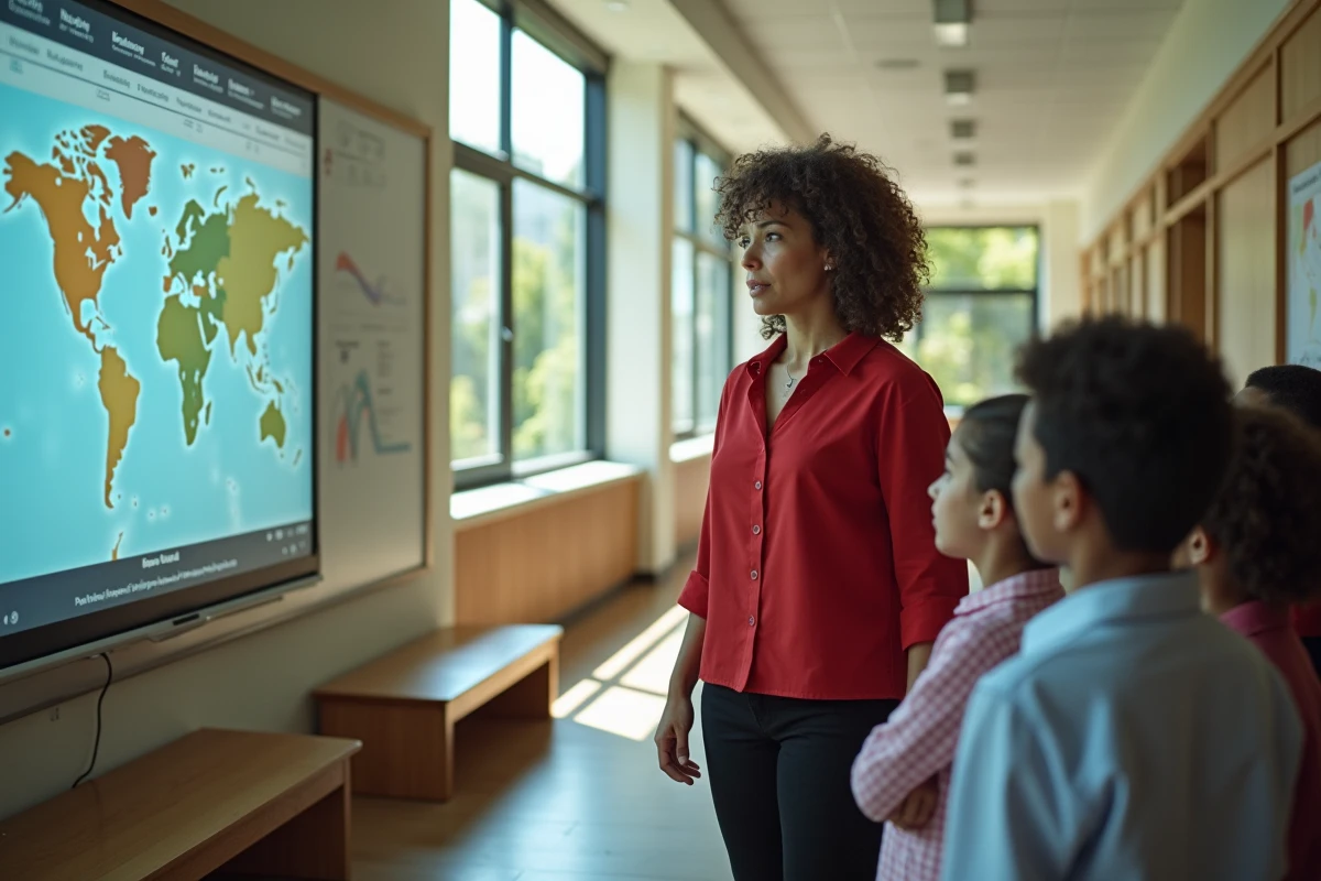Professeure devant tableau interactif avec élèves attentifs