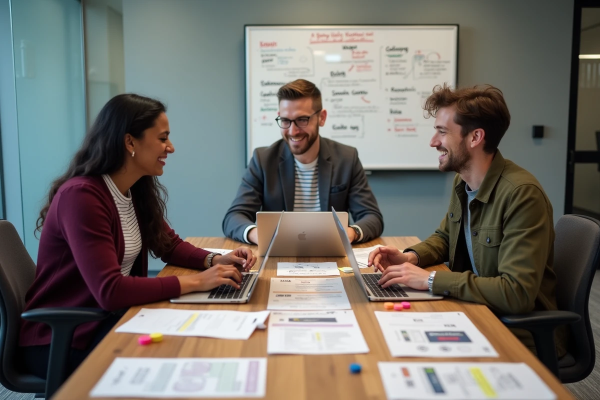 Équipe de professionnels discutant de stratégie de présence web autour d'une table de réunion avec des maquettes de sites
