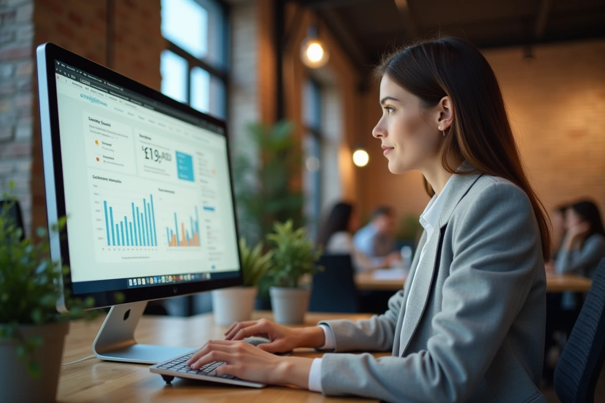 Femme professionnelle analysant les tendances de présence web sur un écran d'ordinateur dans un bureau moderne