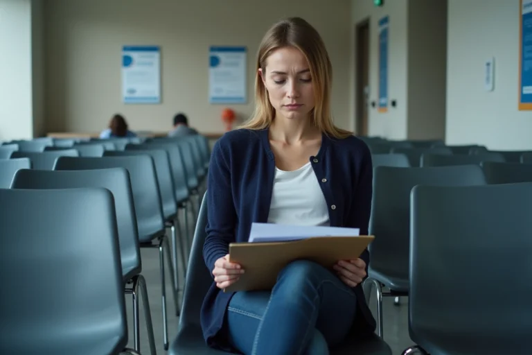 Femme anxieuse dans une salle d'attente France Travail tenant un dossier de documents, illustrant les conséquences d'une absence à un atelier