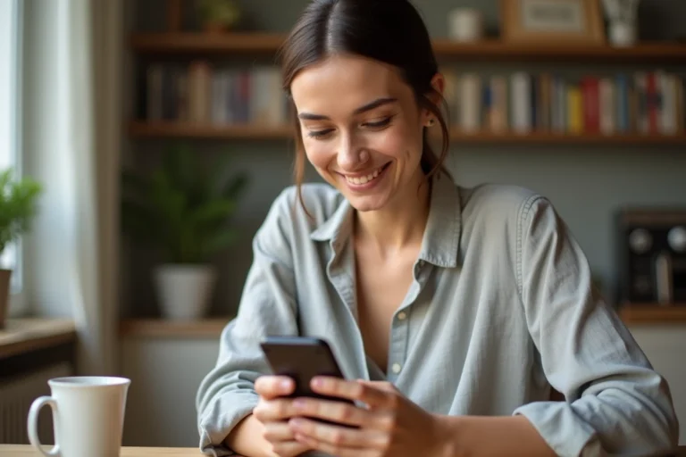 Femme consultant ses documents immobiliers sur l'application myFoncia depuis son smartphone dans un appartement moderne