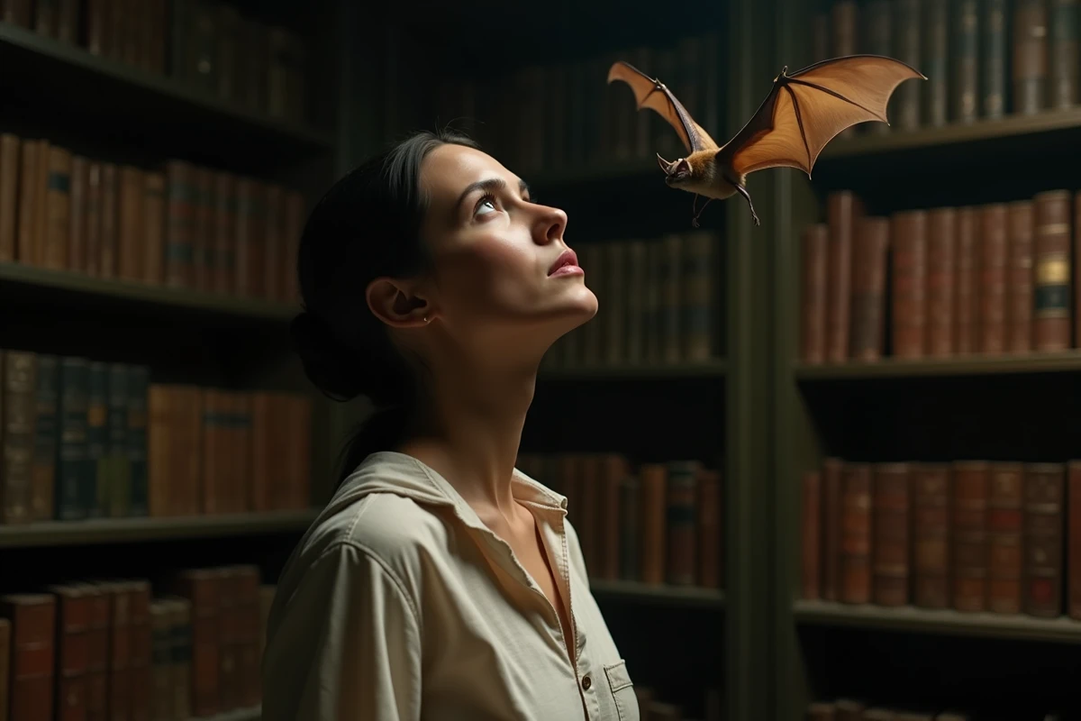 Femme observant une chauve-souris en vol dans une bibliothèque ancienne, illustrant la rencontre spirituelle et mystique avec cet animal dans un espace intérieur