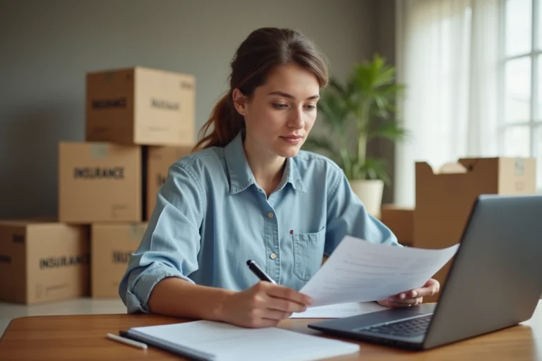 Femme consultant des documents d'assurance Maaf pour préparer son déménagement, entourée de cartons