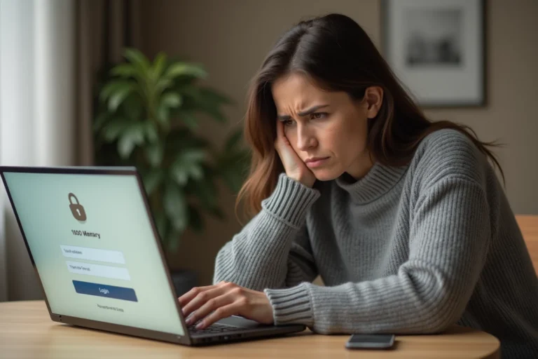 Femme frustrée devant un écran d'ordinateur affichant une erreur d'accès à un espace client immobilier en ligne