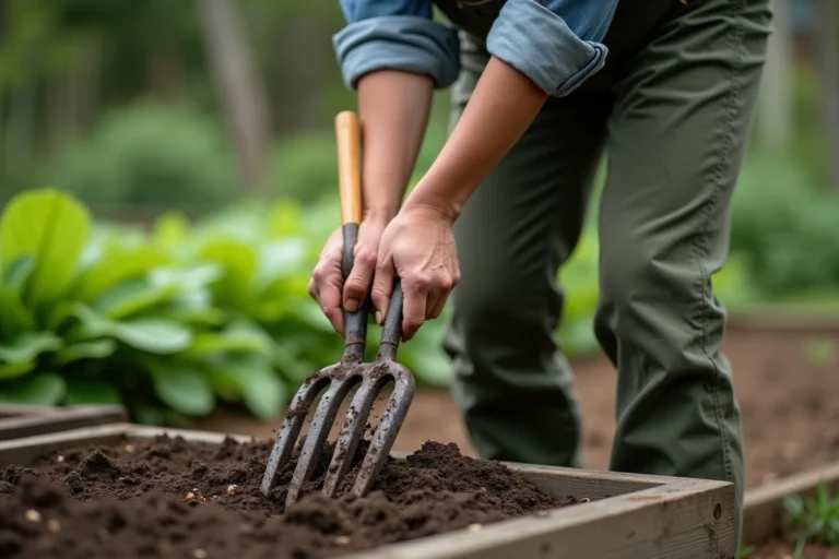 Femme utilisant une grelinette pour aérer la terre d'un potager écologique en plein air