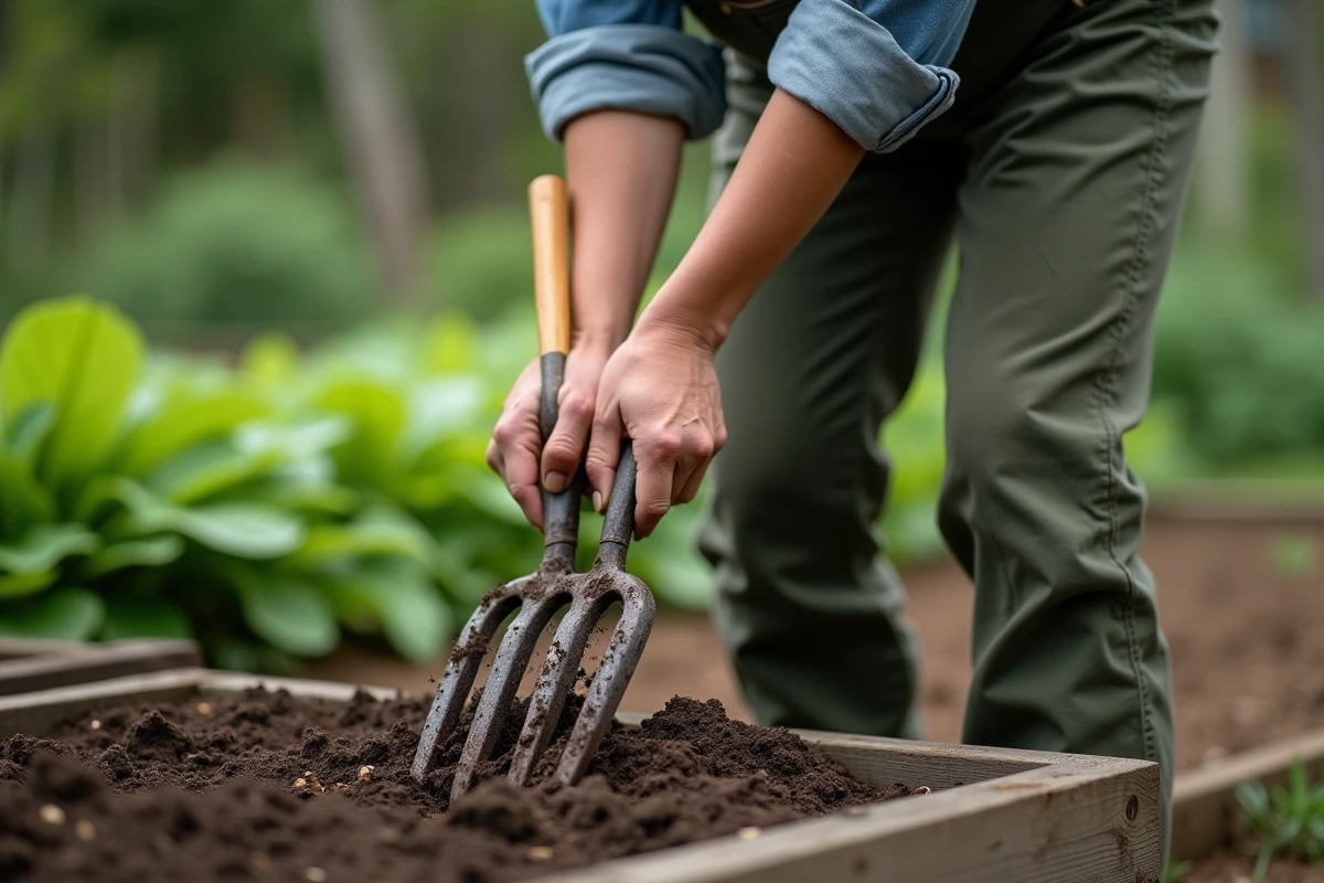 Femme utilisant une grelinette pour aérer la terre d'un potager écologique en plein air
