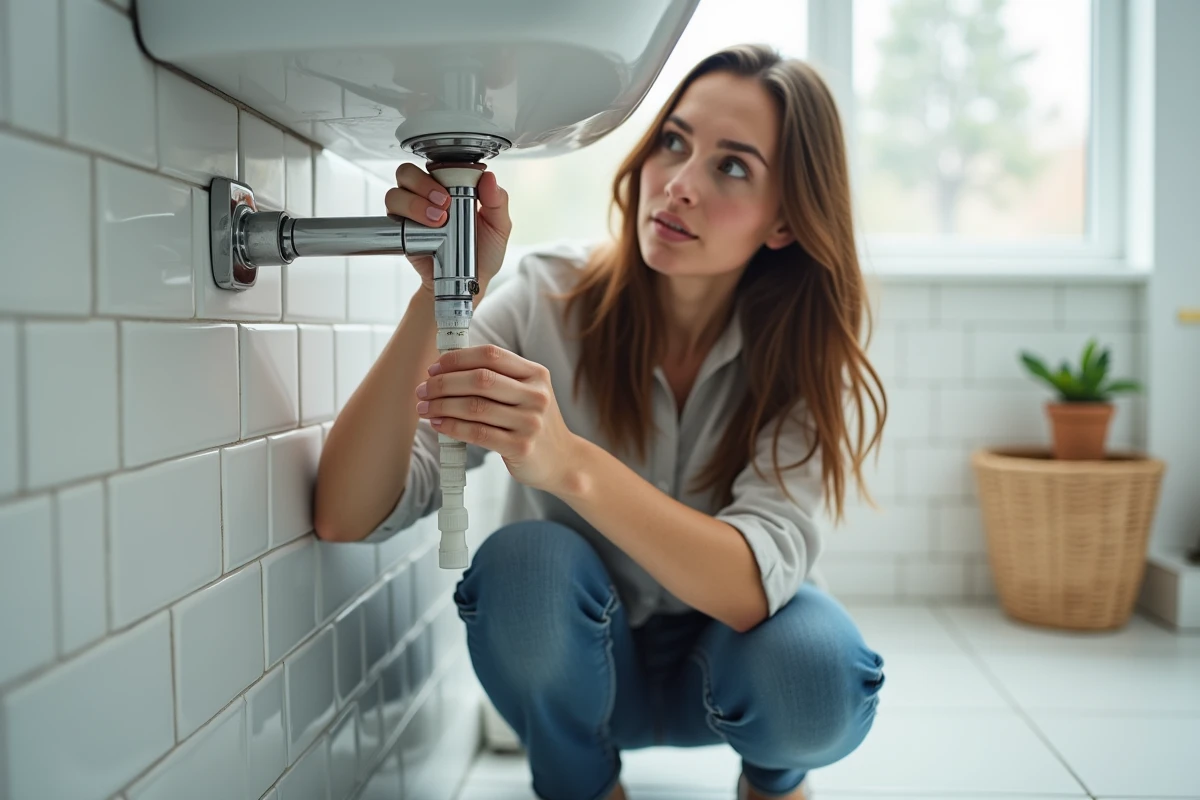 Femme inspectant le siphon sous un lavabo de salle de bain moderne pour évaluer son remplacement