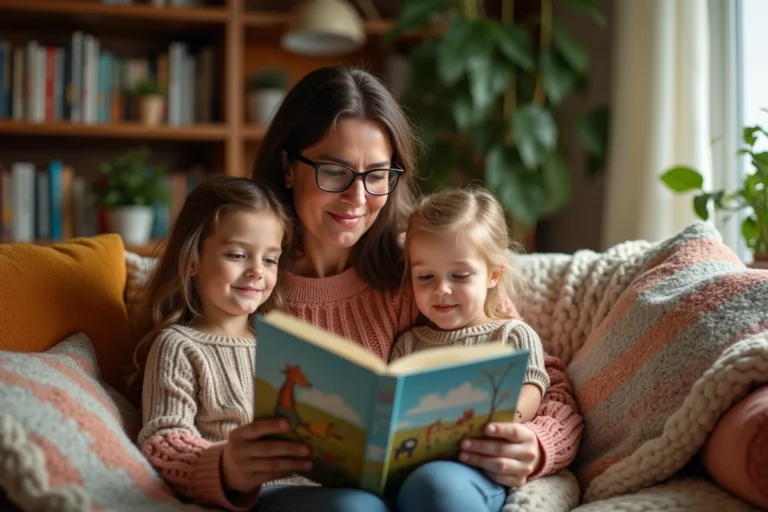 Femme lisant un livre illustré à deux enfants dans un salon chaleureux
