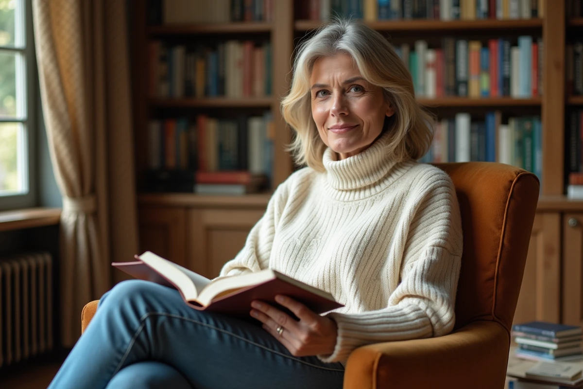Femme détendue dans une bibliothèque chaleureuse