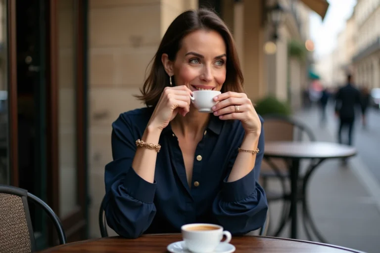 Femme élégante à Paris sirotant un espresso