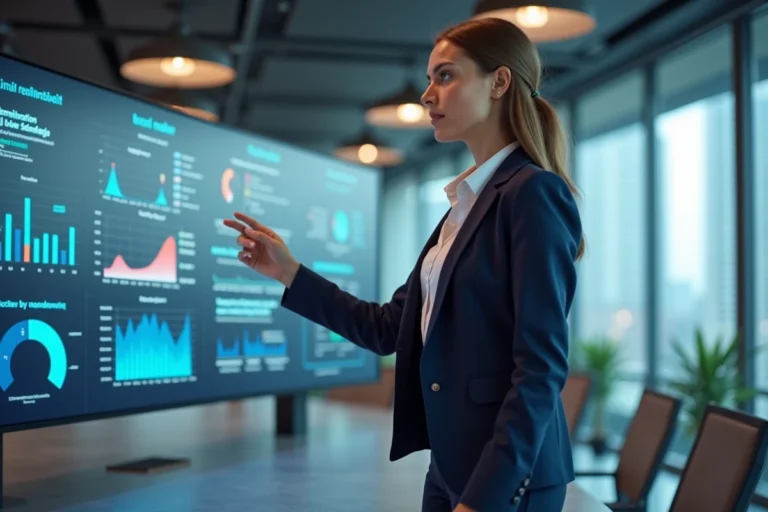 Femme professionnelle en réunion avec affichage digital d'infographies