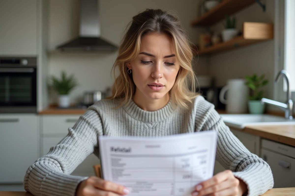 Femme examinant un relevé bancaire papier avec une expression interrogative dans une cuisine moderne
