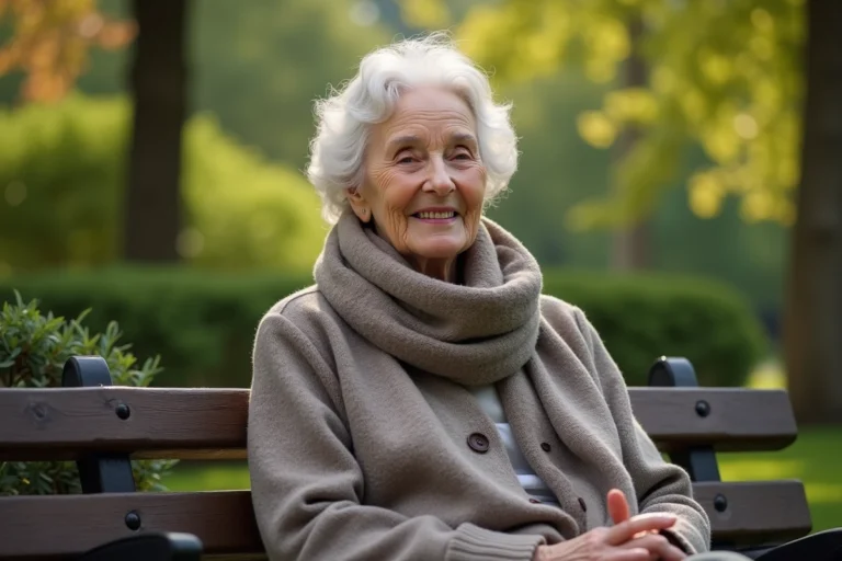 Femme senior souriante dans un parc parisien