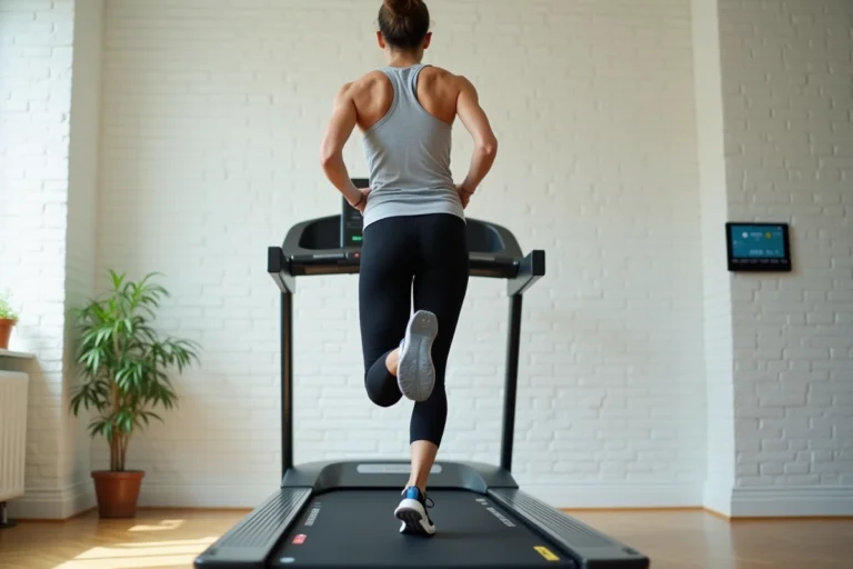 Femme utilisant un tapis de course Sportstech F37 dans une salle de sport à domicile moderne