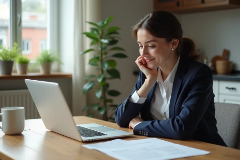 Jeune femme au travail avec ordinateur dans un appartement moderne