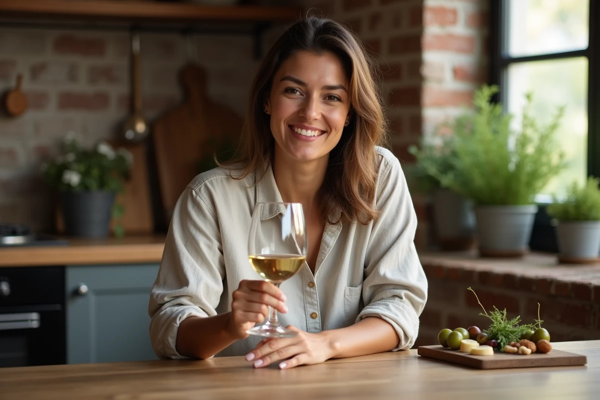 Femme tenant un verre de vin blanc sec lors d'un régime cétogène, accompagnée d'une planche de charcuterie keto-friendly