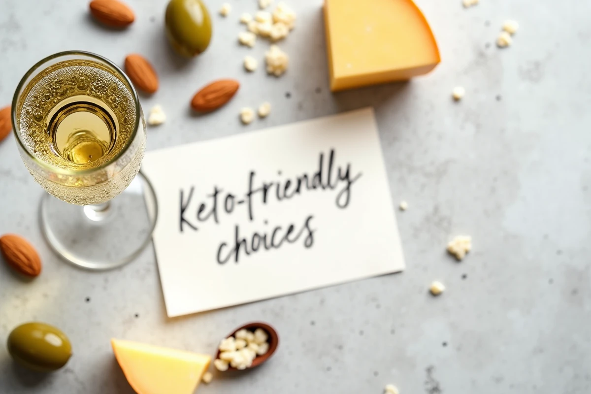 Flat lay lifestyle keto avec une flûte de champagne brut, fromage, olives et amandes sur fond béton