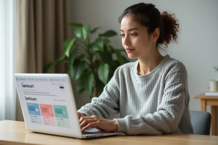 Femme gérant ses abonnements Orange en ligne depuis son bureau à domicile sur un ordinateur portable