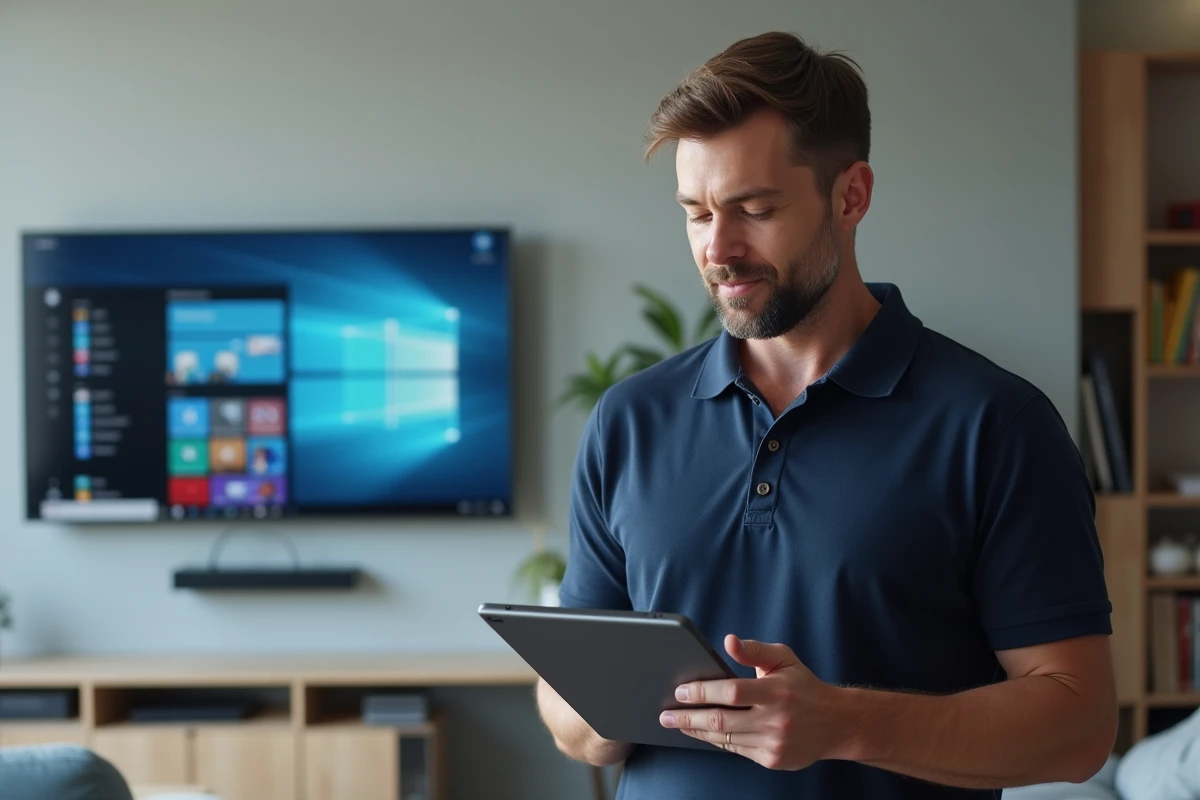 Homme consultant l'interface de gestion des services mail et TV Orange sur une tablette dans son salon