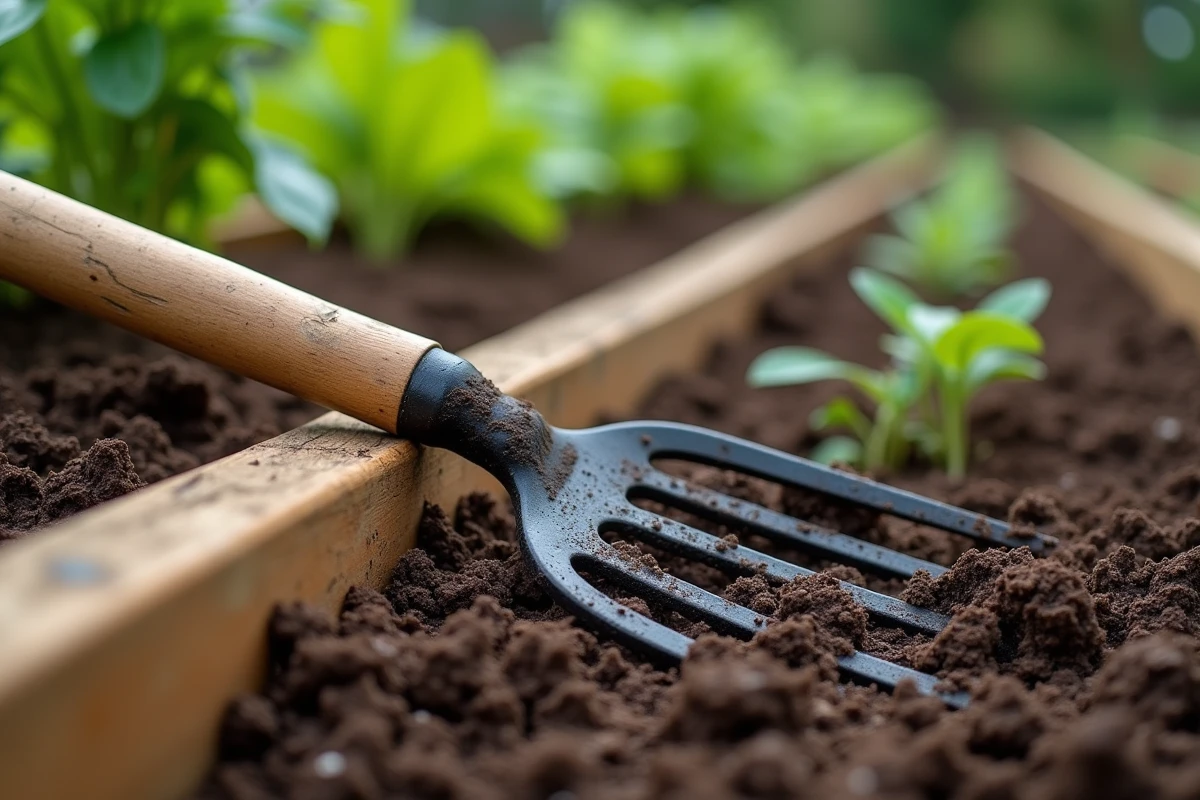 Gros plan sur les dents en acier d'une grelinette plantée dans un sol de potager riche et humide