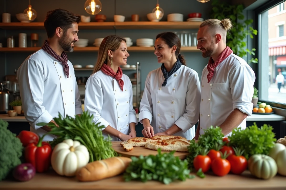 Groupe de chefs cuisiniers professionnels collaborant autour d'ingrédients frais dans une cuisine de restaurant ouverte et moderne