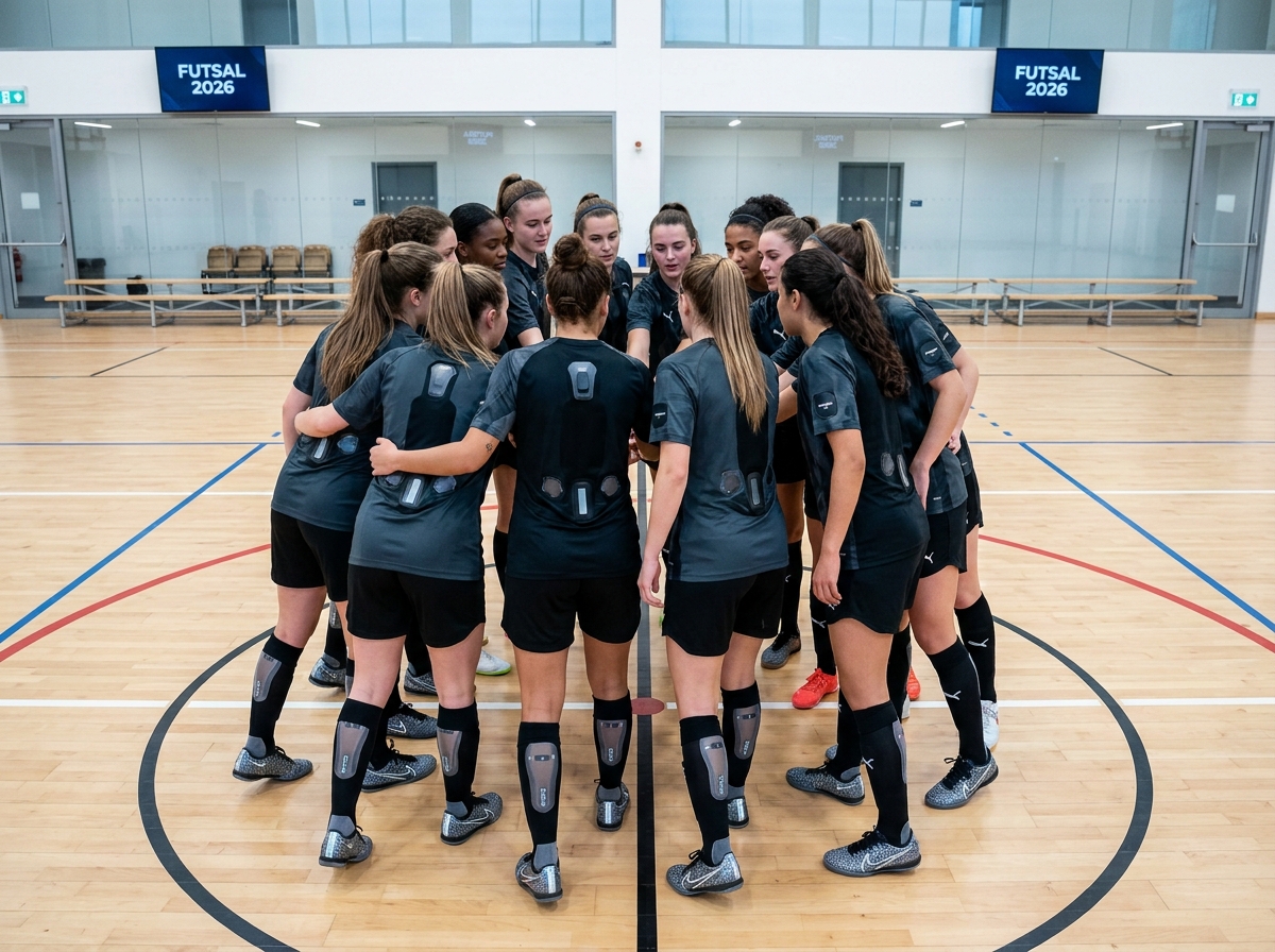 Équipe féminine de futsal en huddle avec équipement hightech