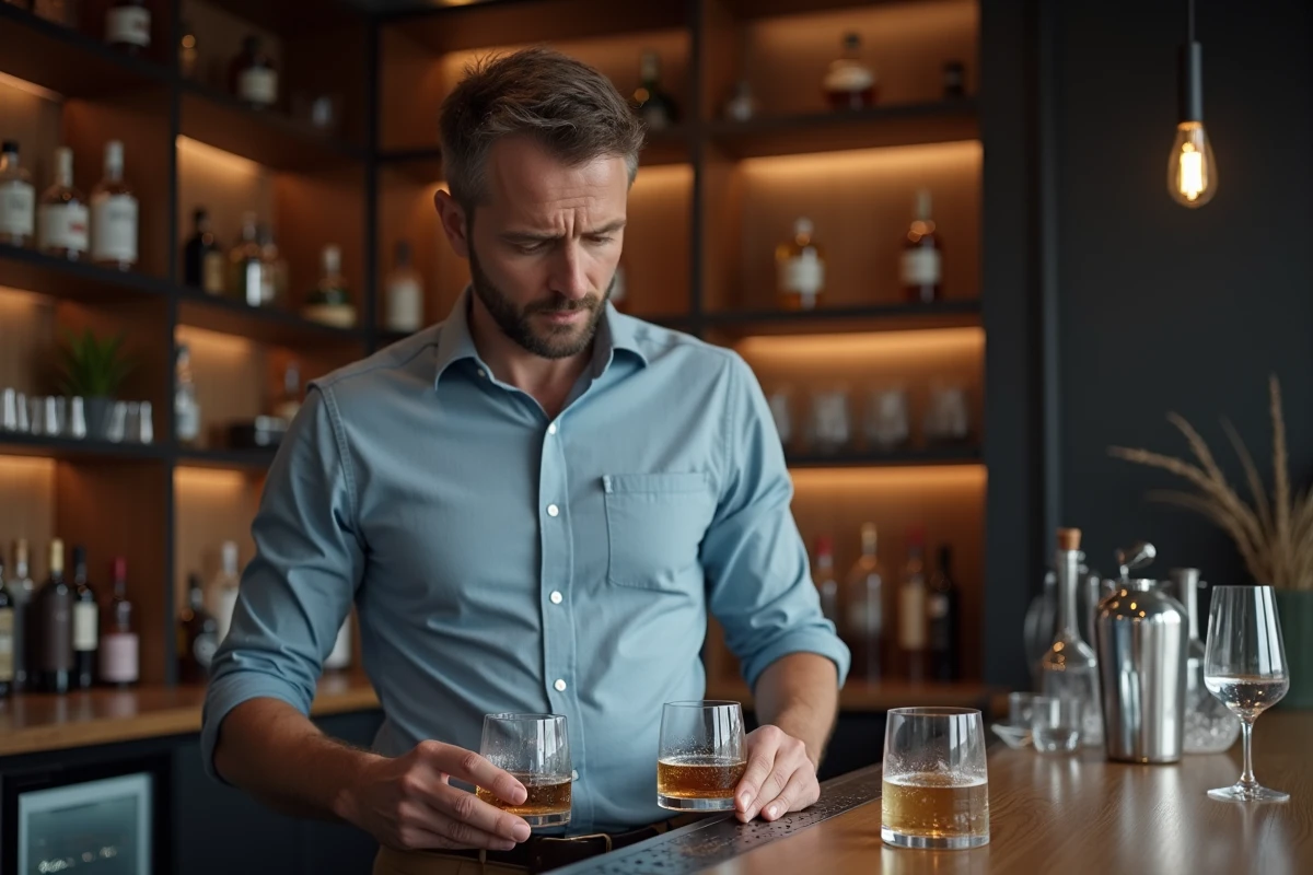 Homme comparant des options d'alcool compatibles avec le régime cétogène, whisky et eau gazeuse sur un bar moderne