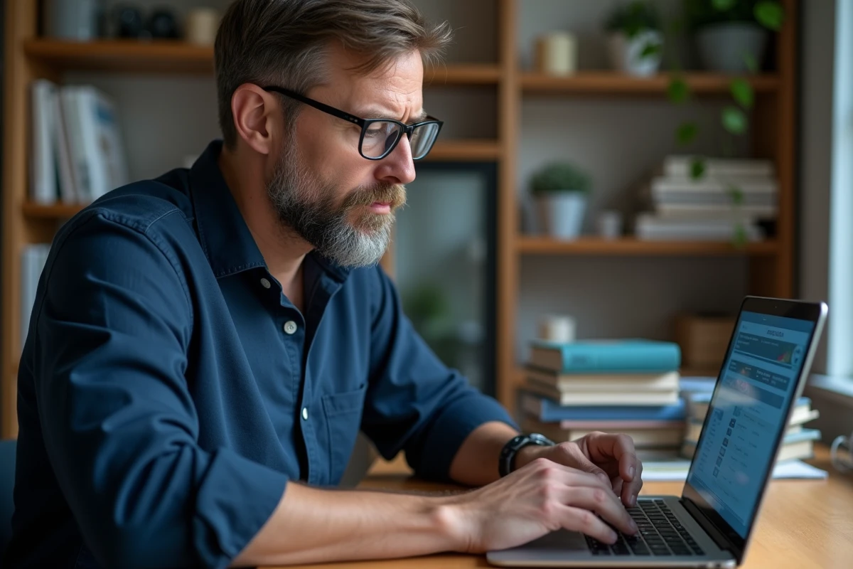 Homme consultant son espace bancaire en ligne sur un ordinateur portable à la recherche d'un prélèvement inconnu