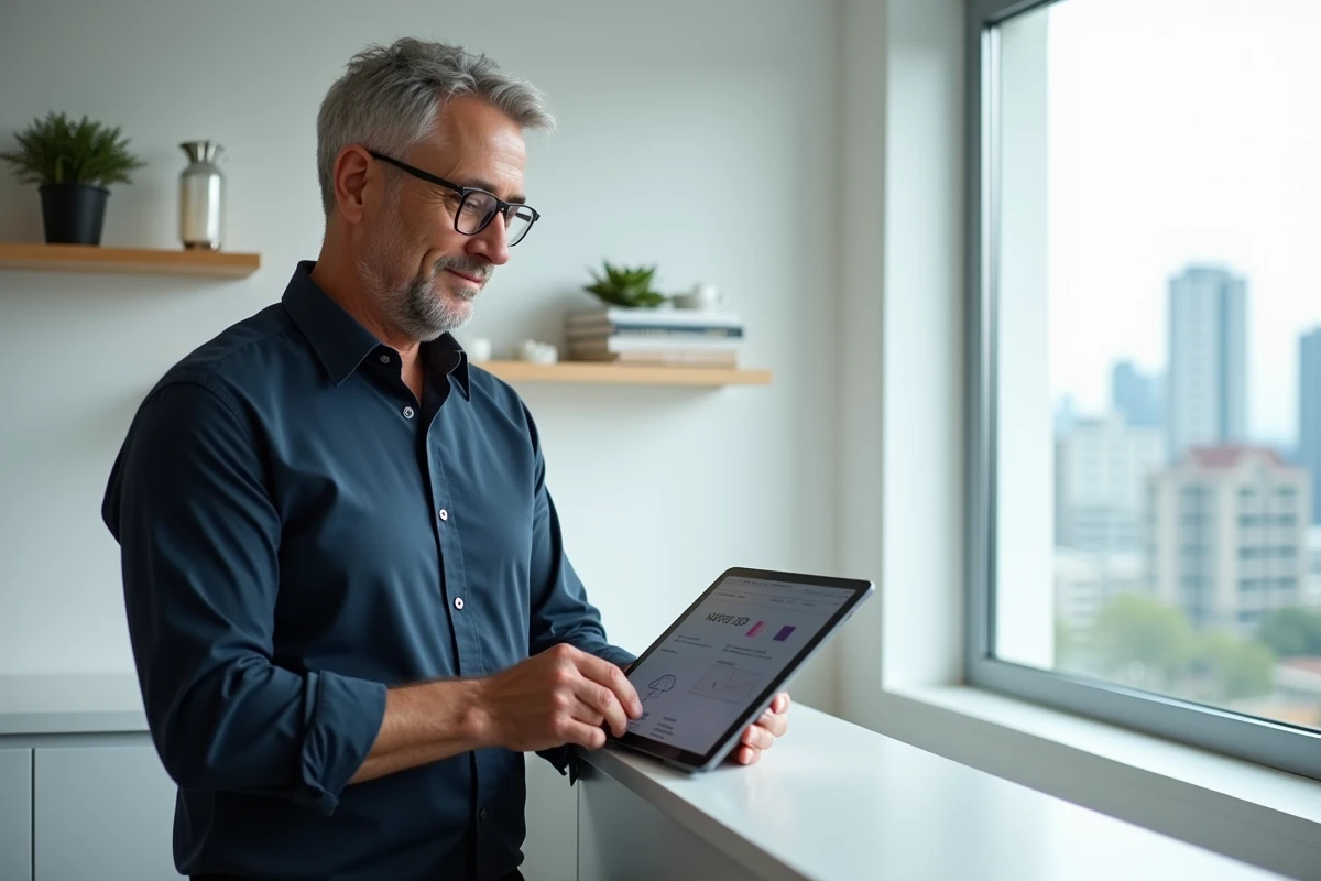 Homme consultant une mise en page de site web responsive sur une tablette dans un bureau minimaliste