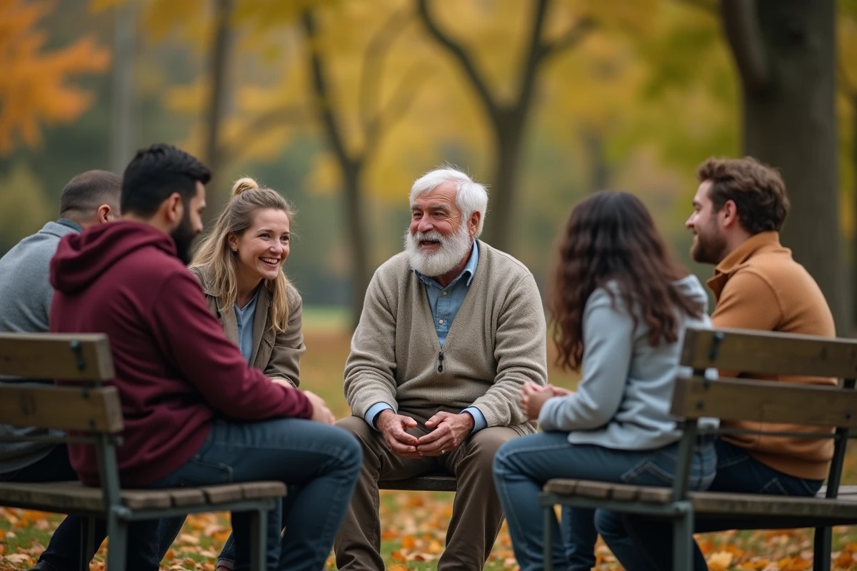 Homme âgé racontant une histoire à un groupe dans un parc en automne