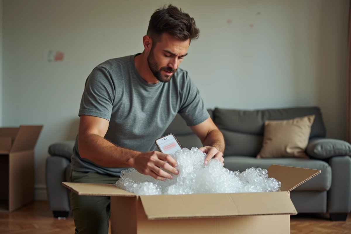 Homme emballant des objets fragiles dans des cartons lors d'un déménagement suivi par l'assurance Maaf
