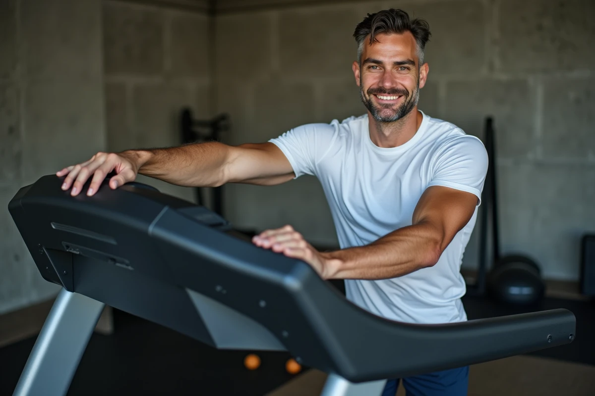 Homme se détendant après une séance d'entraînement sur tapis de course à domicile